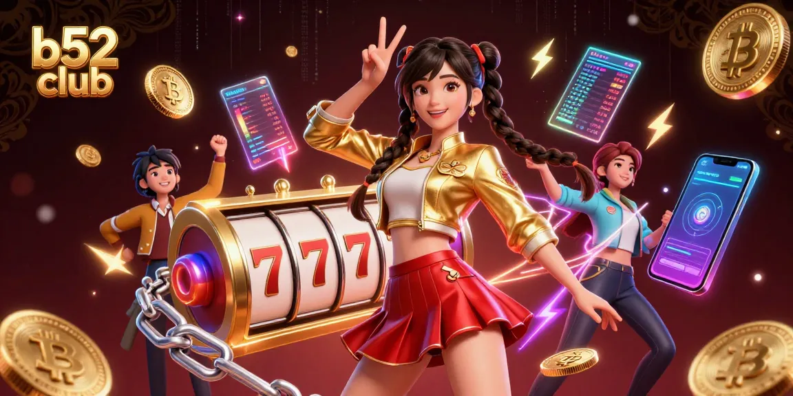 Engage with b52 club's vibrant casino scene featuring a joyful Asian woman surrounded by dynamic slot game elements.