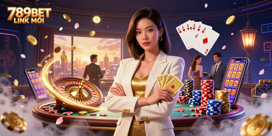 Play at 789BET LINK MỚI with an elegant woman holding cards, sparkling gems around her.