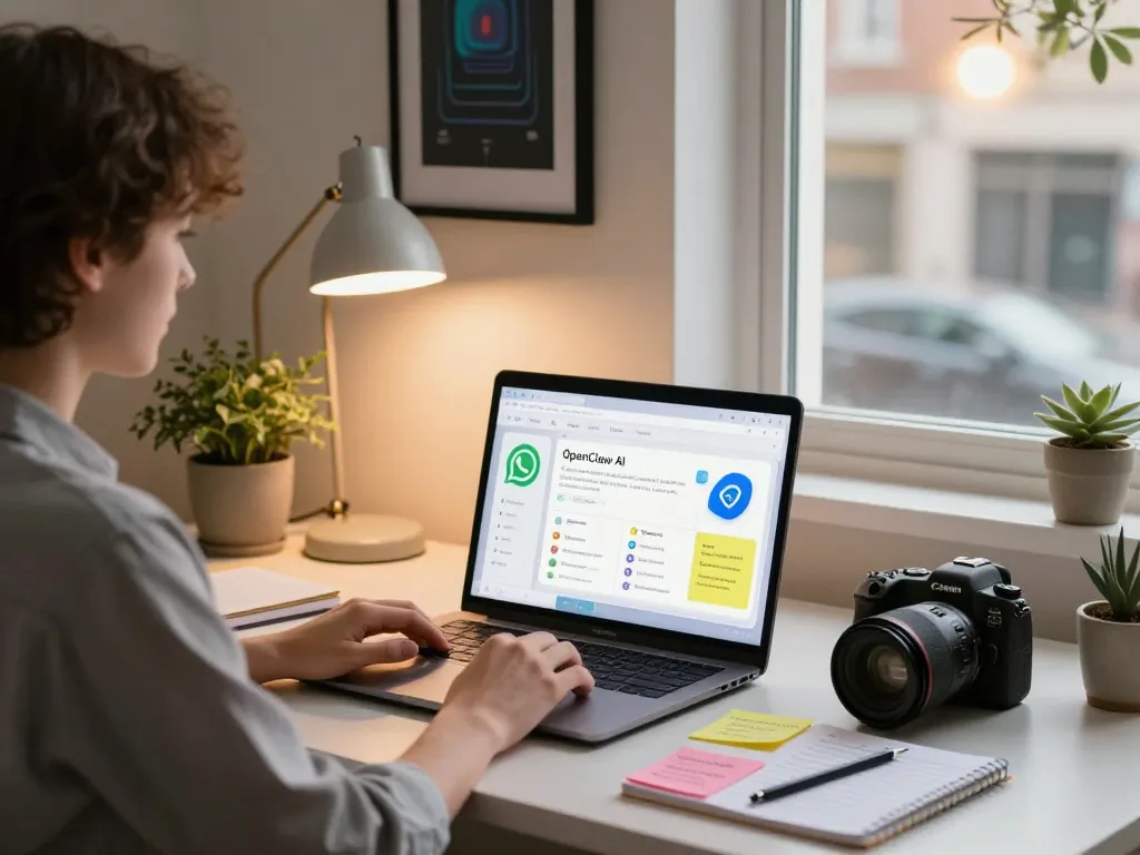 open claw personal AI assistant in a home office with connected apps, user interacting through laptop