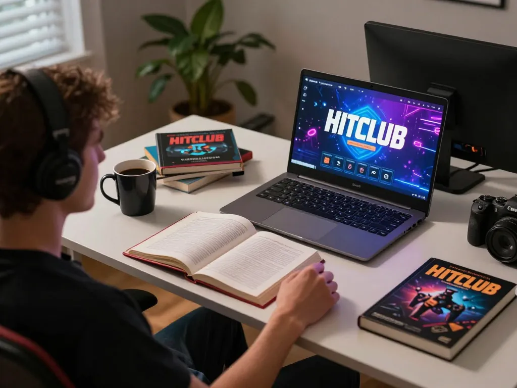 Playing on Hitclub platform with gaming strategy materials at hand in cozy home setup