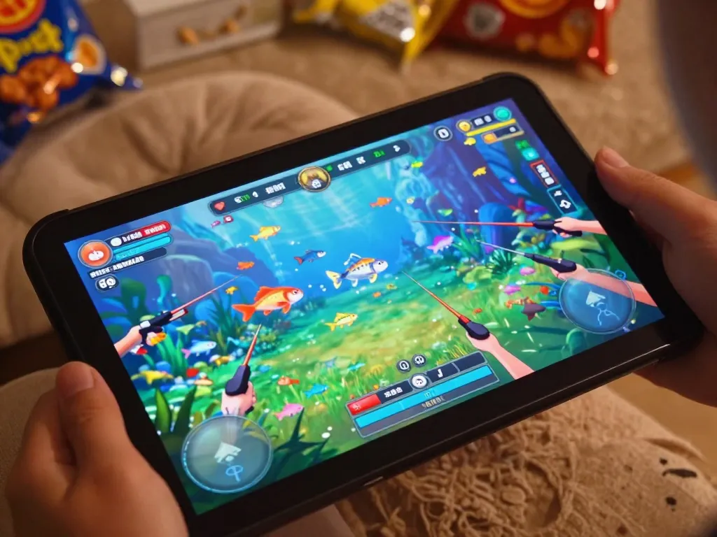 Bắn cá đổi thưởng gameplay on tablet, highlighting thrilling fish-catching action in a cozy home environment