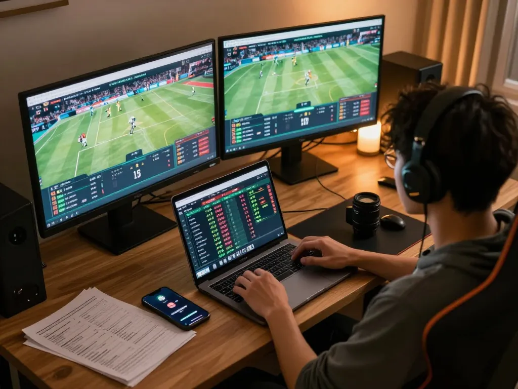 Engaged gambler analyzing sports betting odds on tylebongda platform while using dual monitors.