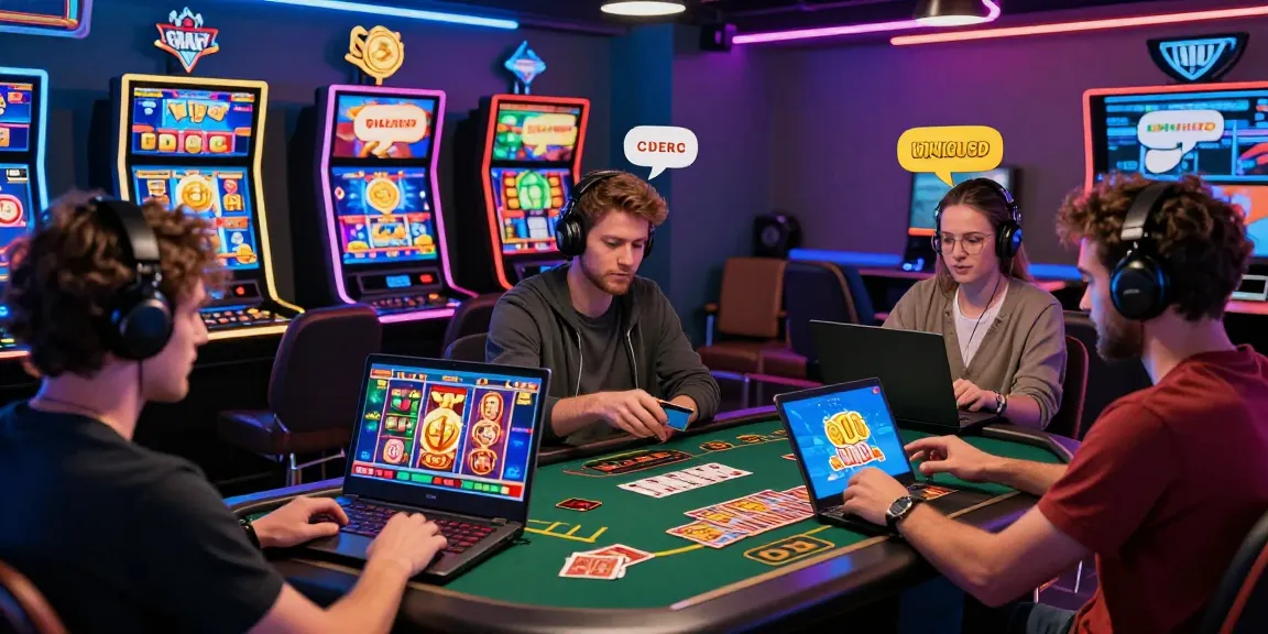 Exciting gaming scene at credit card casinos UK with players enjoying card and slot games, showcasing vibrant digital casino atmosphere.