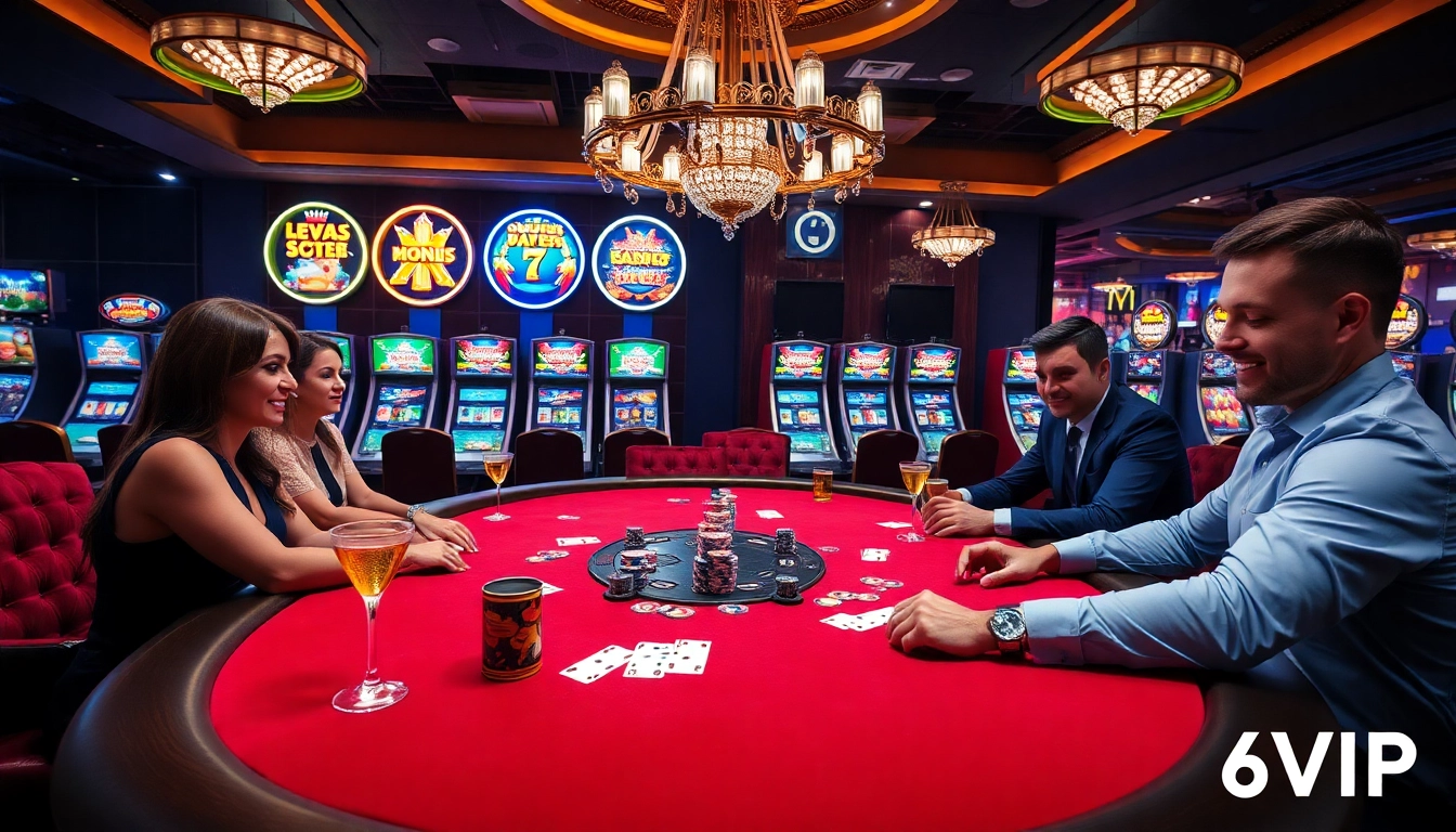 Experience thrilling poker gaming at 68VIP, surrounded by vibrant slot machines and luxury decor.