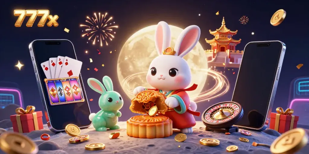 Experience thrilling games at 777x with an enchanting moon rabbit illustration depicting casino excitement.