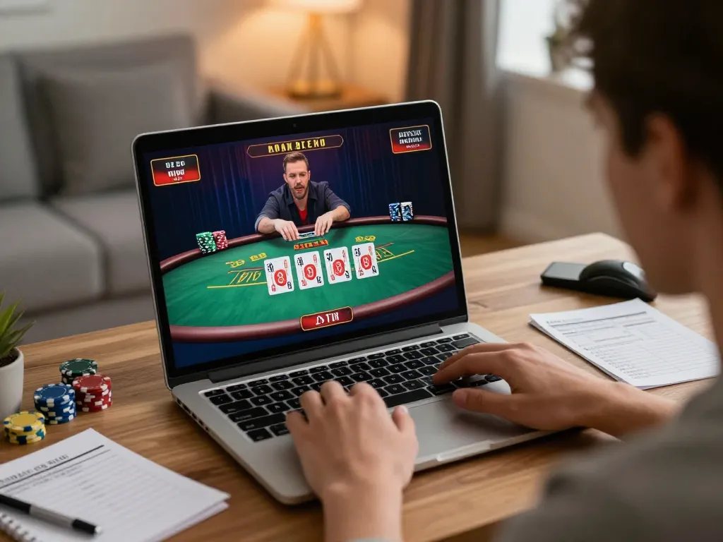 Player enjoying live blackjack on tr88 com in a stylish home office with strategic notes.