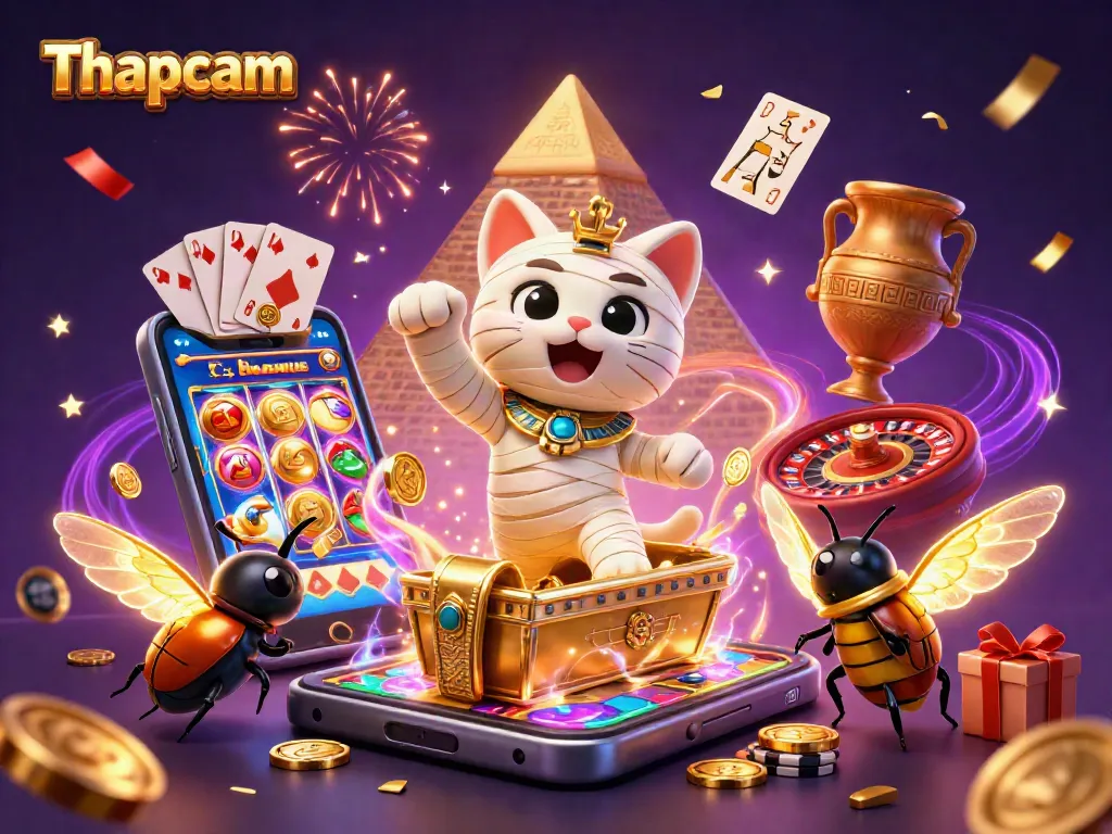Thapcam features a mummy cat and glowing scarab in an immersive casino game scene