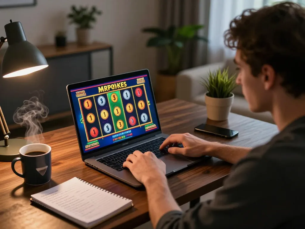 Player enjoying a thrilling MrPokies gaming session on a laptop with colorful slot graphics.