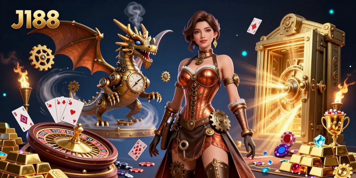 Experience thrilling gameplay at J188 with vibrant 3D illustration of a steampunk woman, dynamic casino elements, and glowing gold treasures.