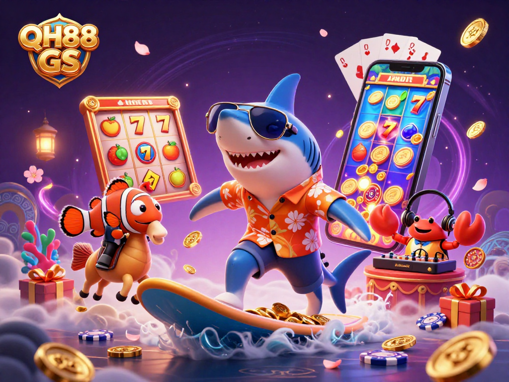 Engage with QH88 GS amidst a vibrant 3D casino scene featuring dynamic characters, slot games, and golden coins.
