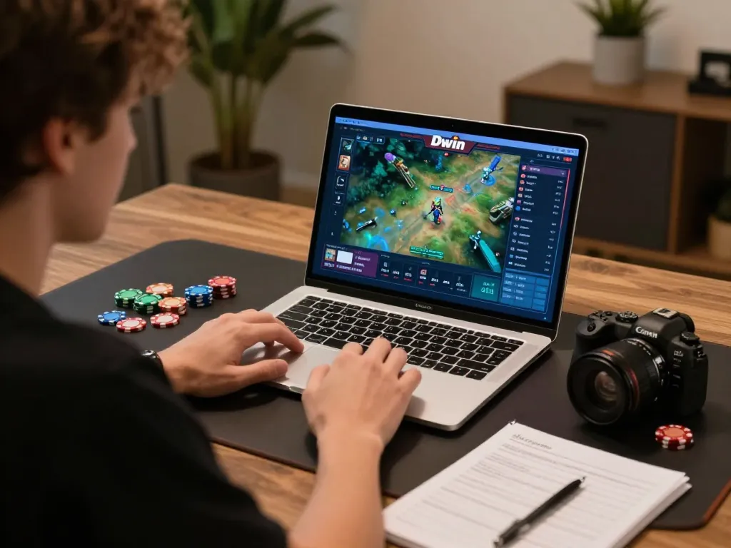 Cổng game Dwin - player strategizing while engaging in online gambling with a laptop setup
