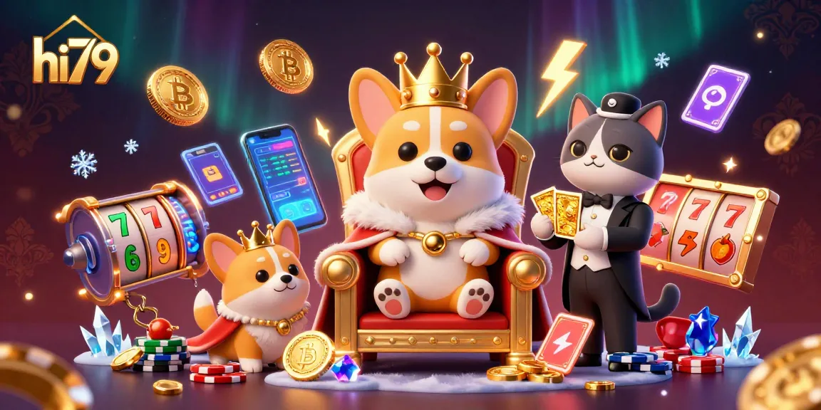 Engage with hi79 through a lavish scene of a royal corgi at a slot throne amid floating cryptocurrency elements.