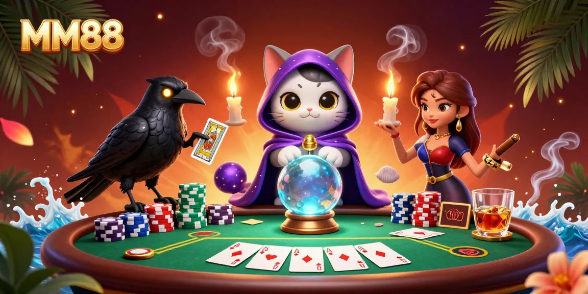Experience thrilling poker games at MM88 with a mystical fortune teller cat and raven in captivating 3D artwork.