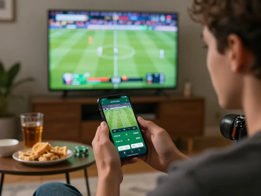 Engaged in mobile betting at home, a player uses the uu88 vom app during a live football match.