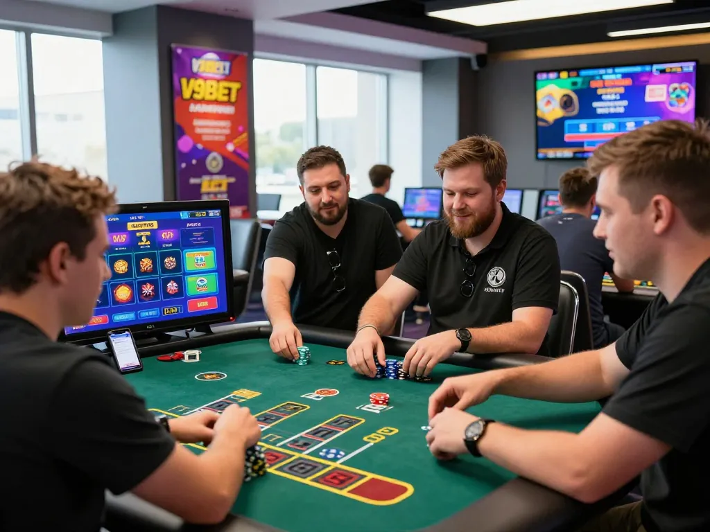 V9BET online gambling scene with players at a live baccarat table in an exciting casino atmosphere.