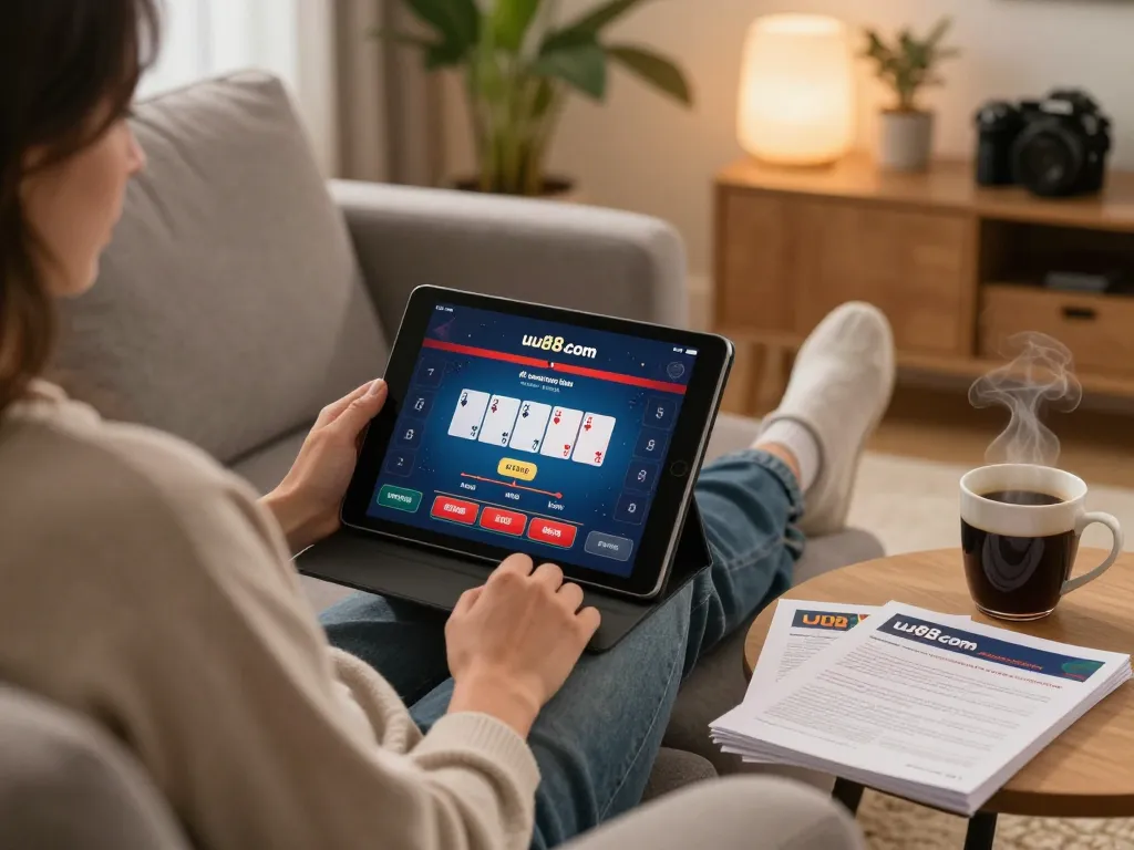Engaged user experiencing online gaming at uu88 com while enjoying a cozy home setting.