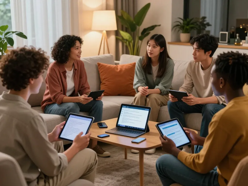 Engaging NSFW AI chat experience in a cozy living room with diverse adults interacting freely using technology.