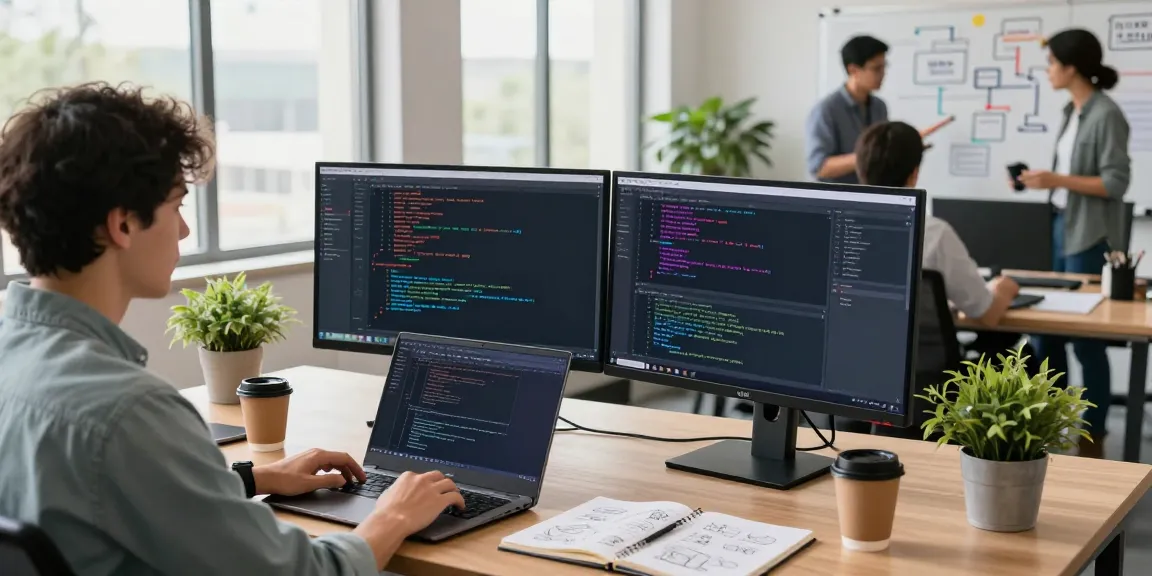 A software developer coding in a modern office, focusing on technology and innovation with ia +18 integration visible on screens.