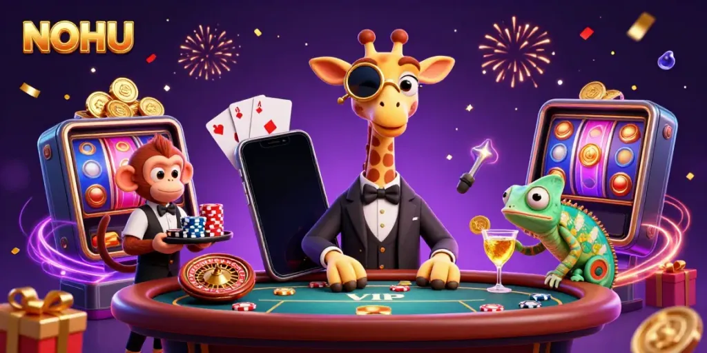 Experience thrilling gaming at NOHU with a high-roller giraffe at a poker table amidst dynamic casino action.