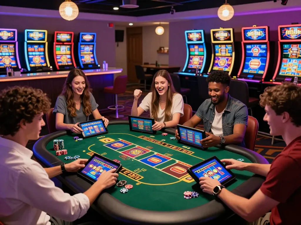 Friends enjoying nk88 casino game in vibrant online casino atmosphere.