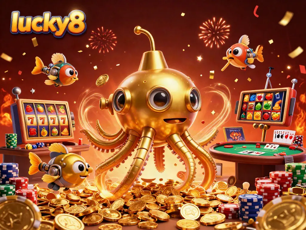 Experience the excitement of lucky8 with a dynamic underwater scene featuring a golden kraken and vibrant slot reels.