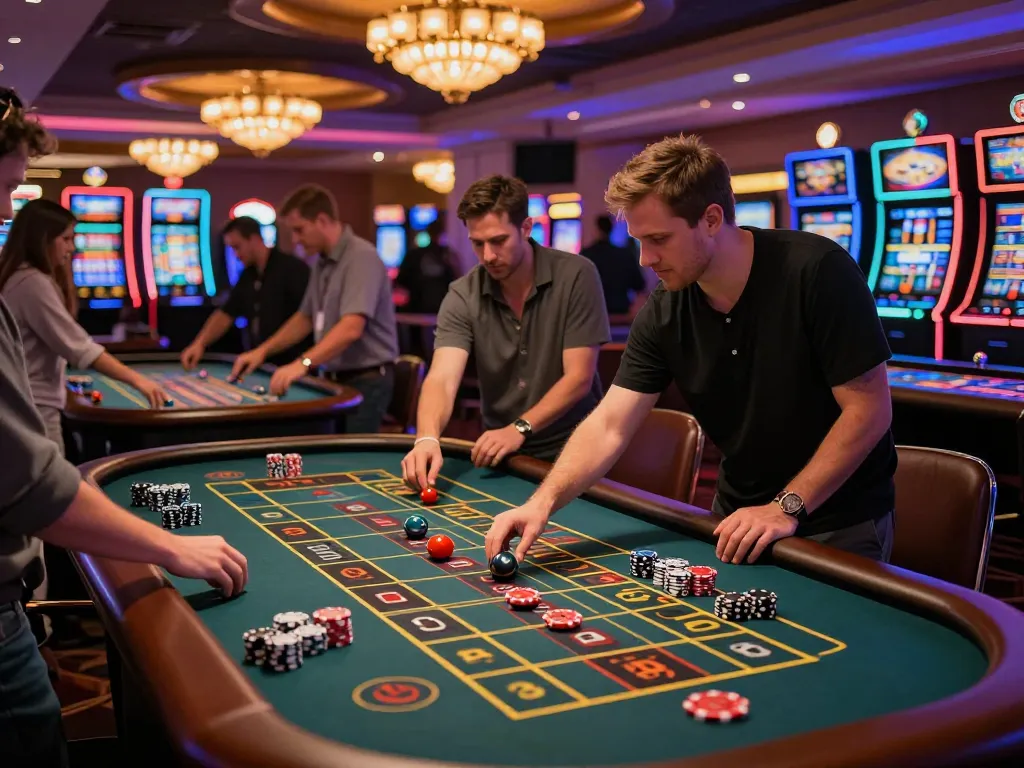 Players enthusiastically placing bets at the roulette table in the hit club casino atmosphere with vibrant lighting and excitement.