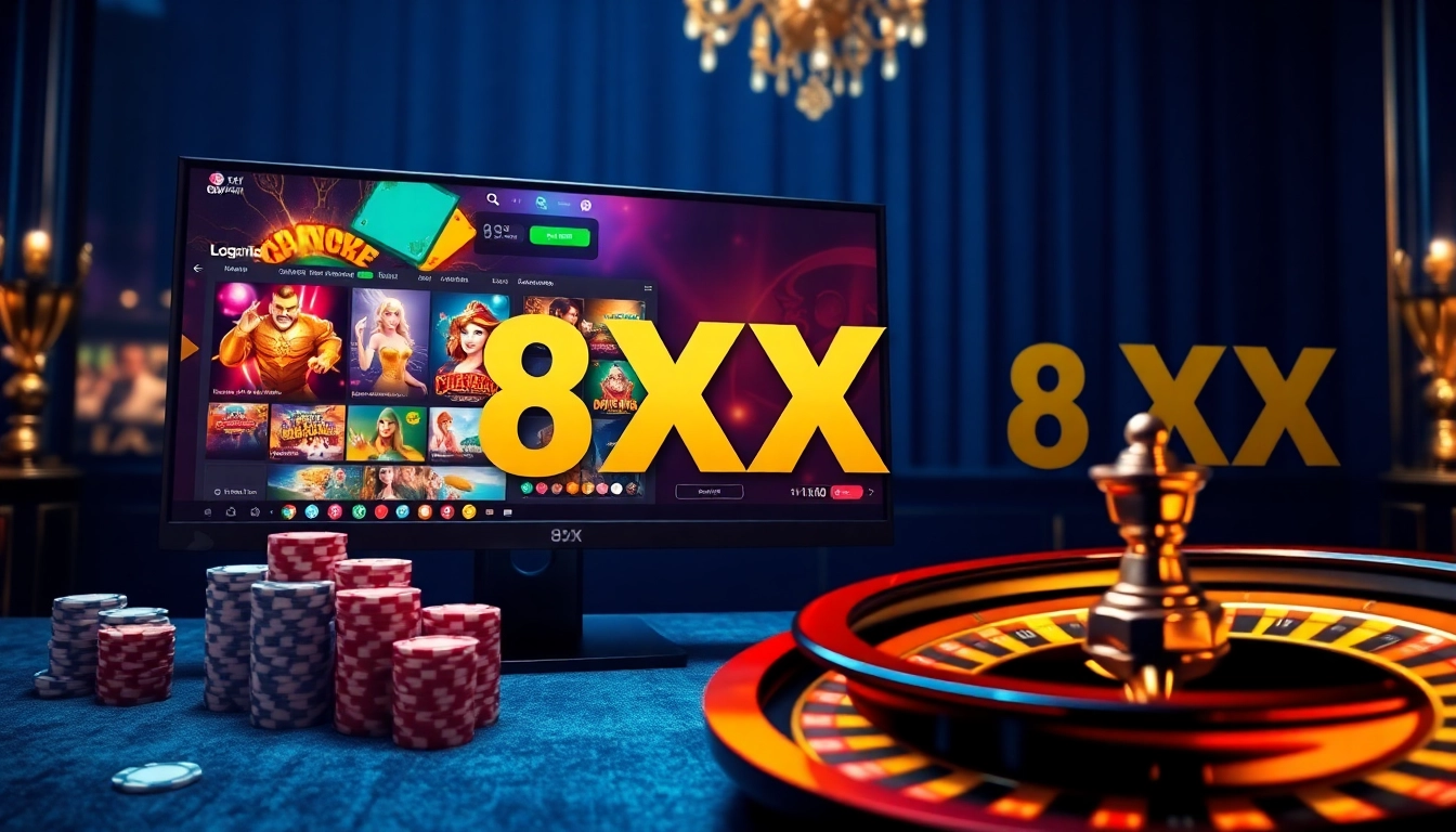 8XX đăng nhập to a luxurious online casino experience filled with vibrant games and poker chips.