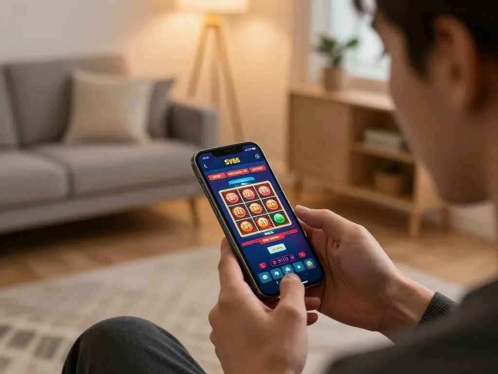 Engaging player exploring SV66 casino app on smartphone in a cozy home setting