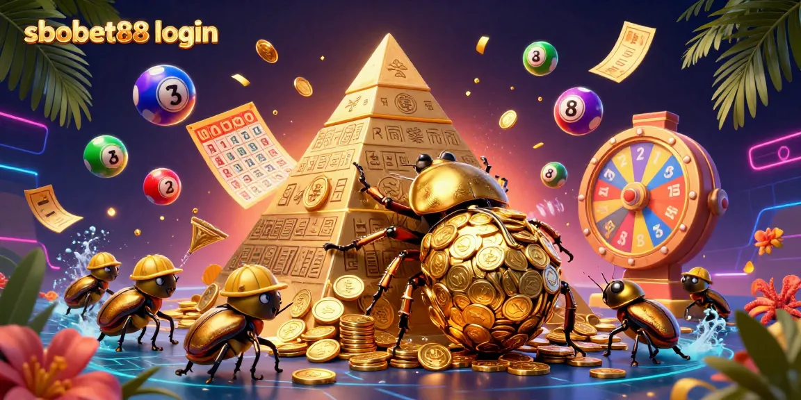 Engage with sbobet88 login in a vibrant 3D illustration showcasing dynamic casino elements, golden coins, and lottery excitement.