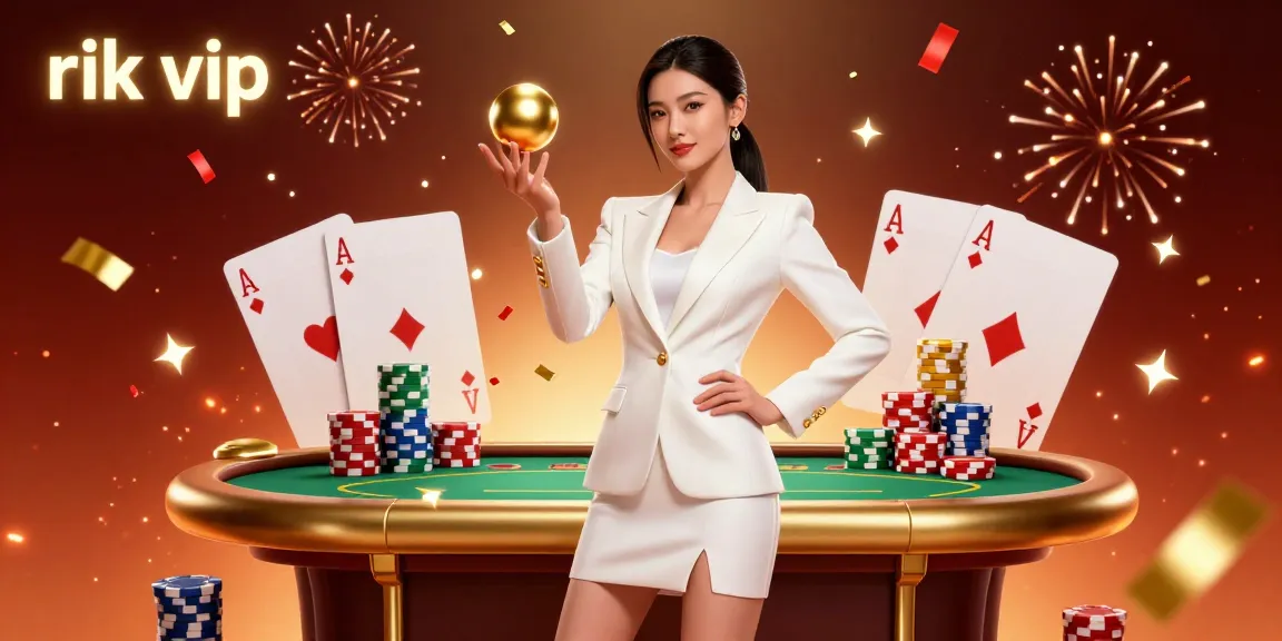 Engage in excitement at rik vip with a confident woman holding a golden roulette ball amidst a vibrant casino scene.