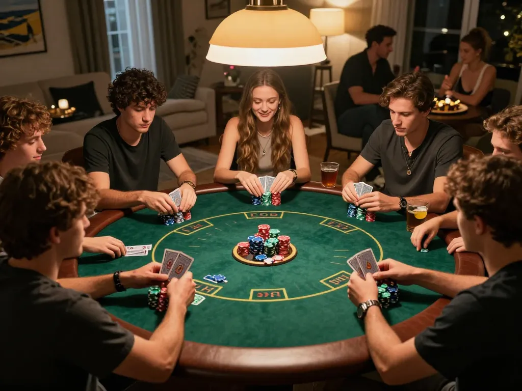 Friends enjoying an engaging poker night at home, featuring vibrant chips and strategic gameplay, highlighting GO8 gaming experience.