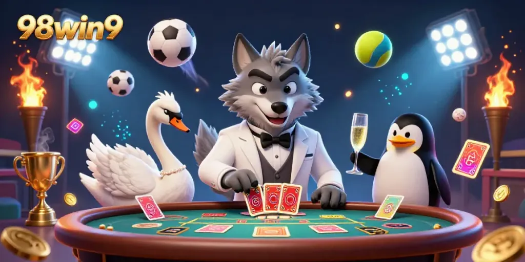 Engage in thrilling baccarat action with 98win9 featuring a debonair wolf and elegant swan at a casino table.