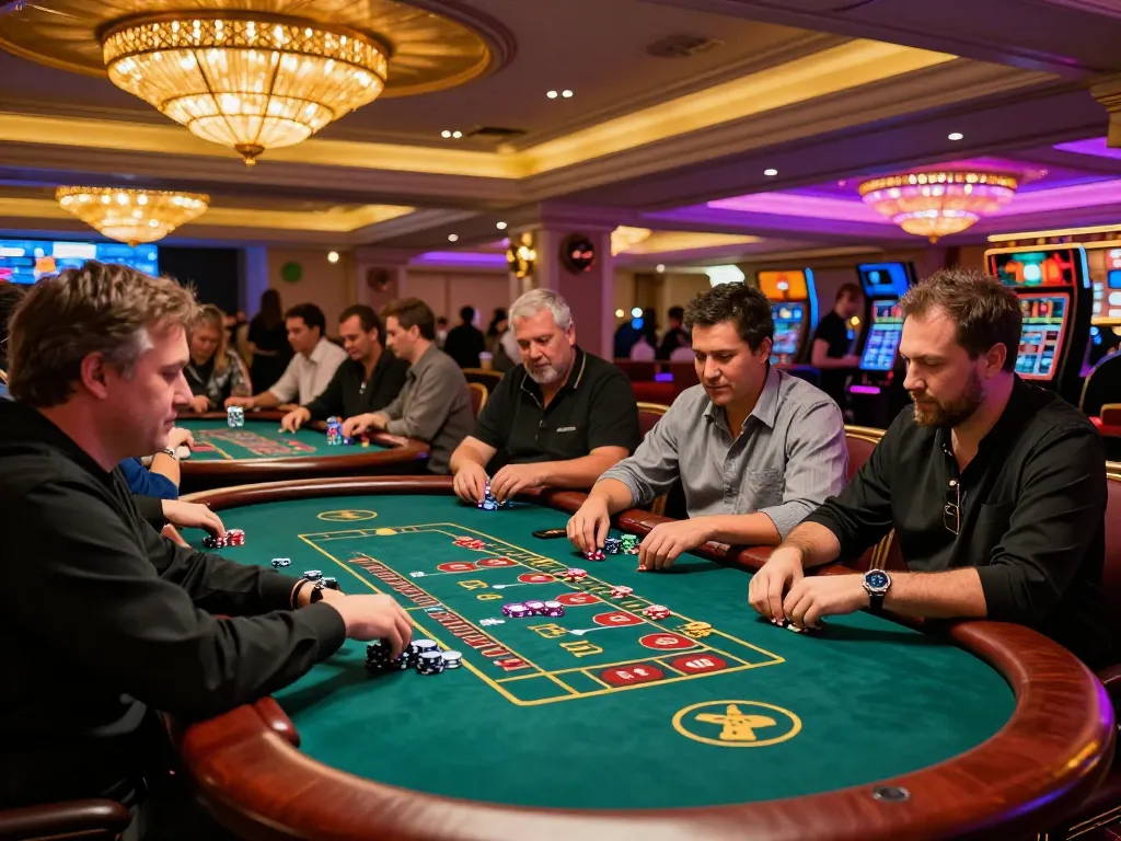 NK88 players engaging at vibrant casino tables, showcasing lively betting strategies and excitement.