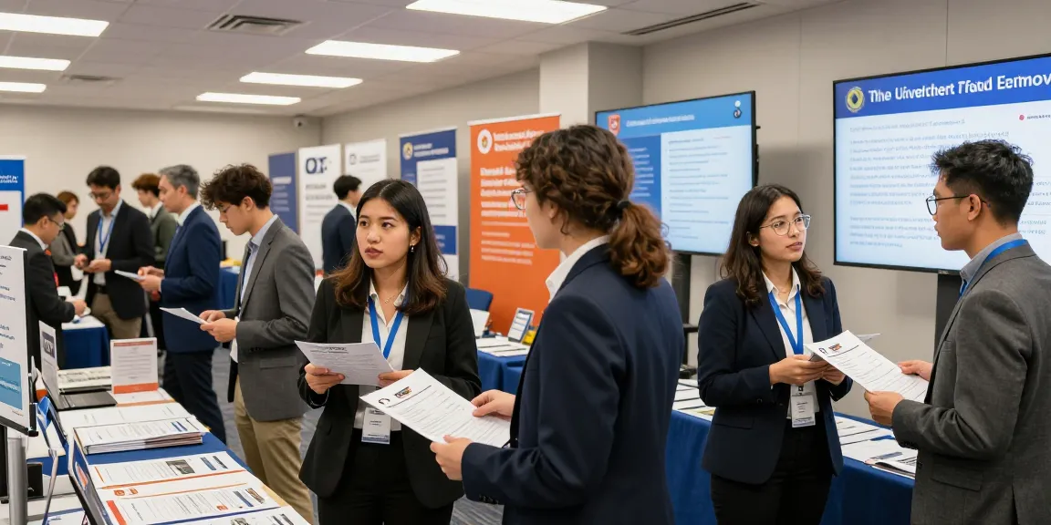 University and trade schools graduates networking at a career fair, showcasing ambition and professional connections.