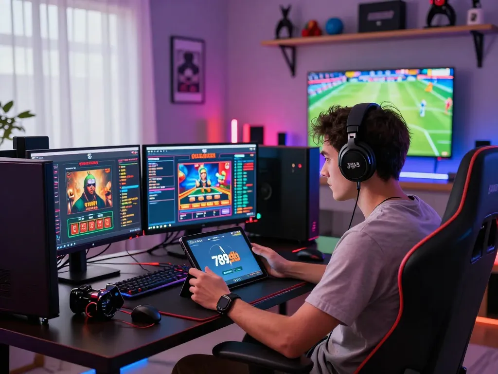 Gamer immersed in the 789club mobile app in a vibrant gaming room, highlighting online gaming culture and technology.