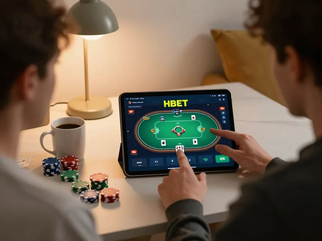Engaging online poker gameplay on https://hbet.red/ app, showcasing player interaction and excitement.