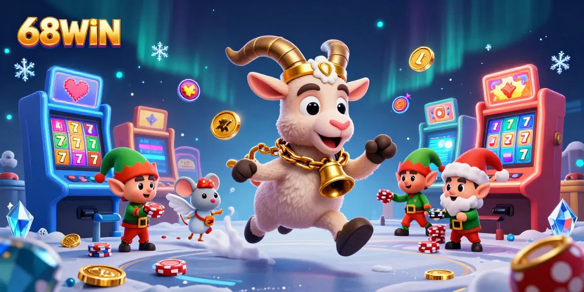 Engage with the 68WIN casino experience featuring Krampus, mouse, and gremlins amid vibrant gaming elements.