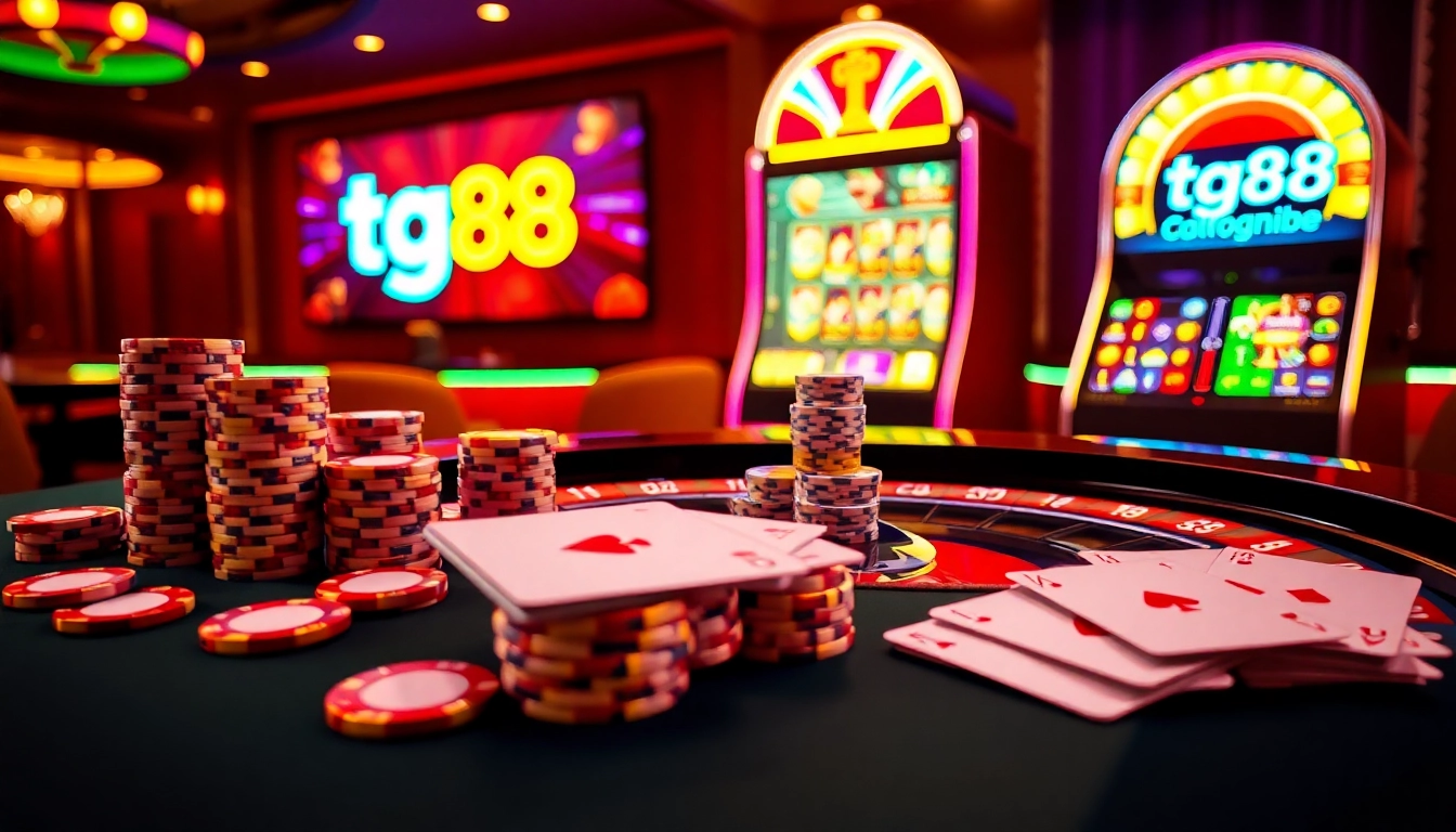 Exciting tg88 casino table scene with roulette, slot machine, and vibrant playing cards.
