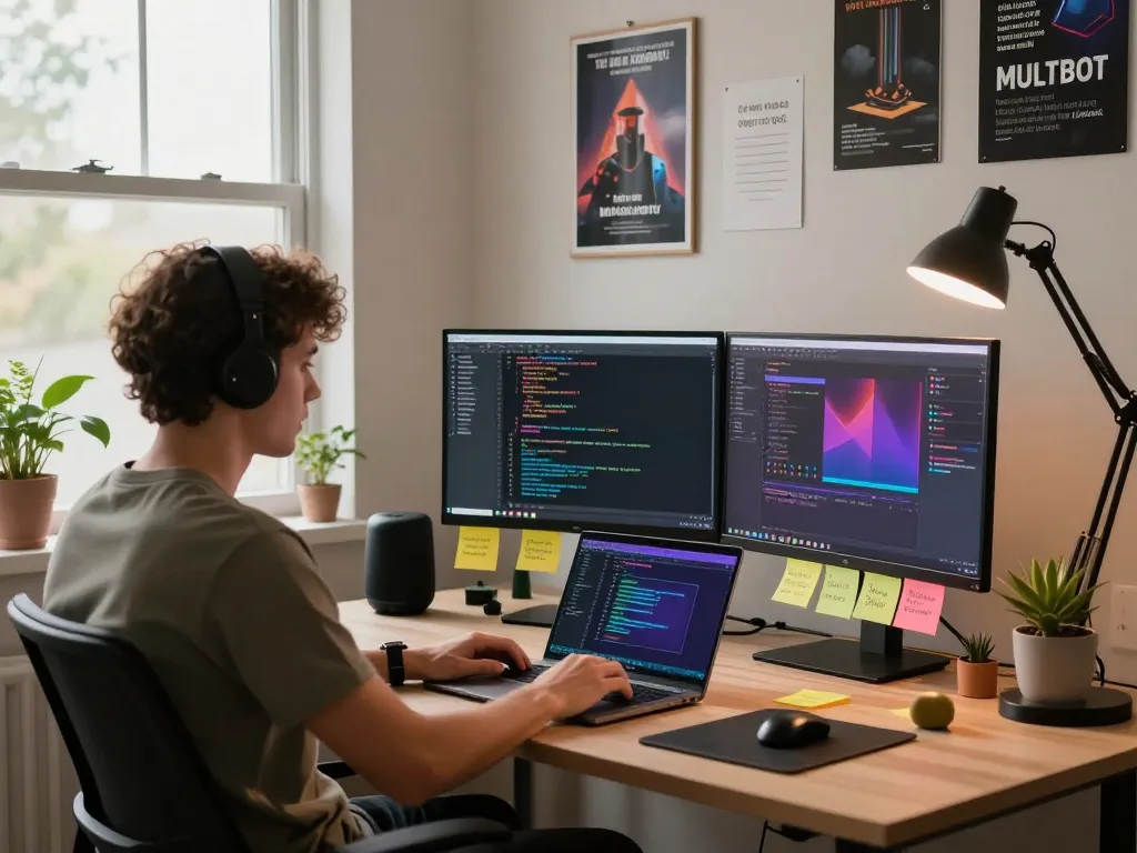 Engaging workspace showcasing a developer interacting with MoltBot, displaying coding and tech elements while maintaining productivity.
