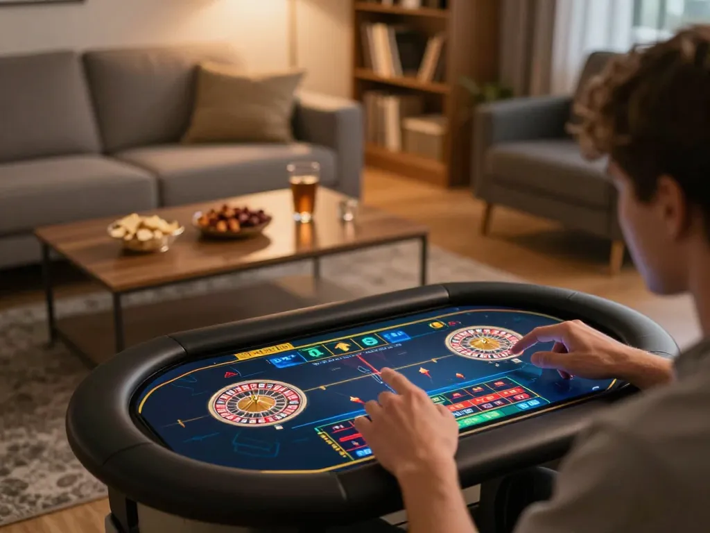 Player engaging with 32win com on tablet during an exciting online roulette session, cozy and inviting atmosphere
