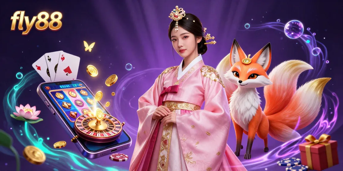 Win big with fly88 in a vibrant 3D casino scene featuring an elegant woman, lucky fox, and games.