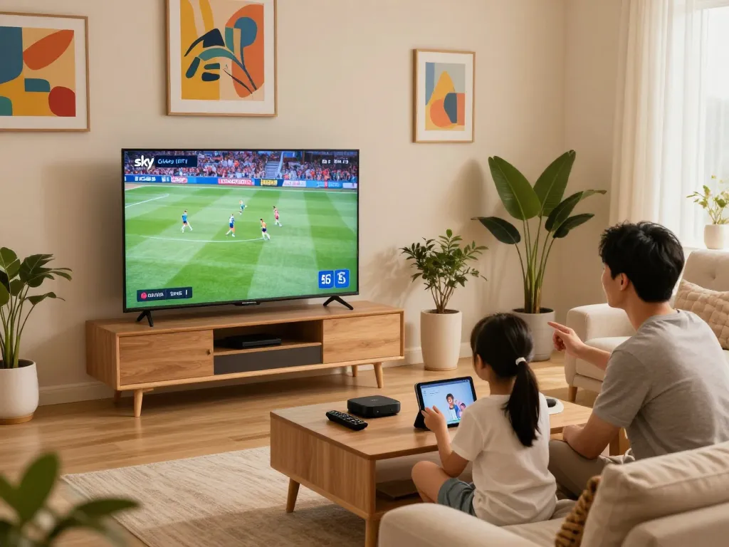Sky Glass IPTV installation Guide showing family using streaming devices in a cozy living room