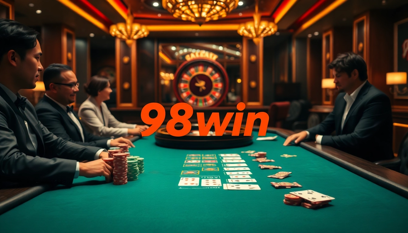 Experience the excitement of 98win đăng nhập at a prestigious blackjack table in a vibrant casino setting.