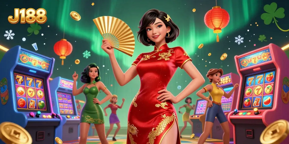 Engage with the vibrant J188 casino scene featuring a confident Asian woman and slot game elements.