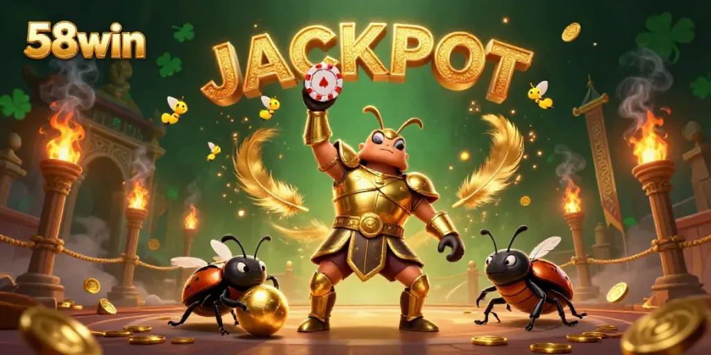 Engage with 58win's casino excitement through cartoon hercules beetles celebrating jackpot wins.