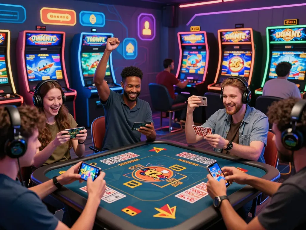 Sun win online gaming platform scene with players enjoying diverse games in a vibrant environment.