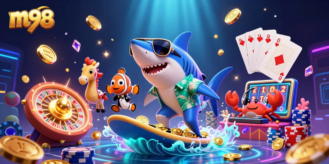 Experience thrilling wins with m98's vibrant gaming scene featuring dynamic characters and casino elements.