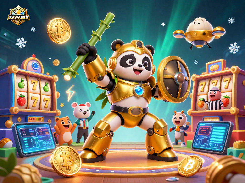 SAWA888 players spinning slots with a dynamic 3D panda and robot in a vibrant gaming arena.