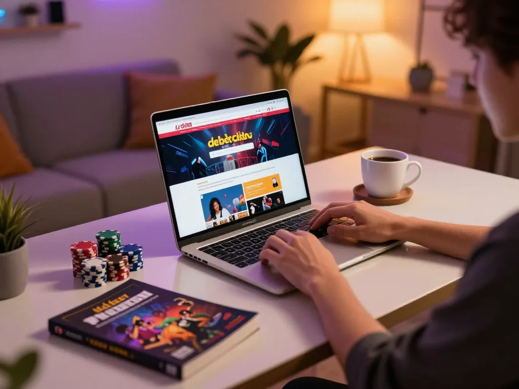 Engaging scene of a player using nhà cái debet's online platform at home with chips and strategy notes.