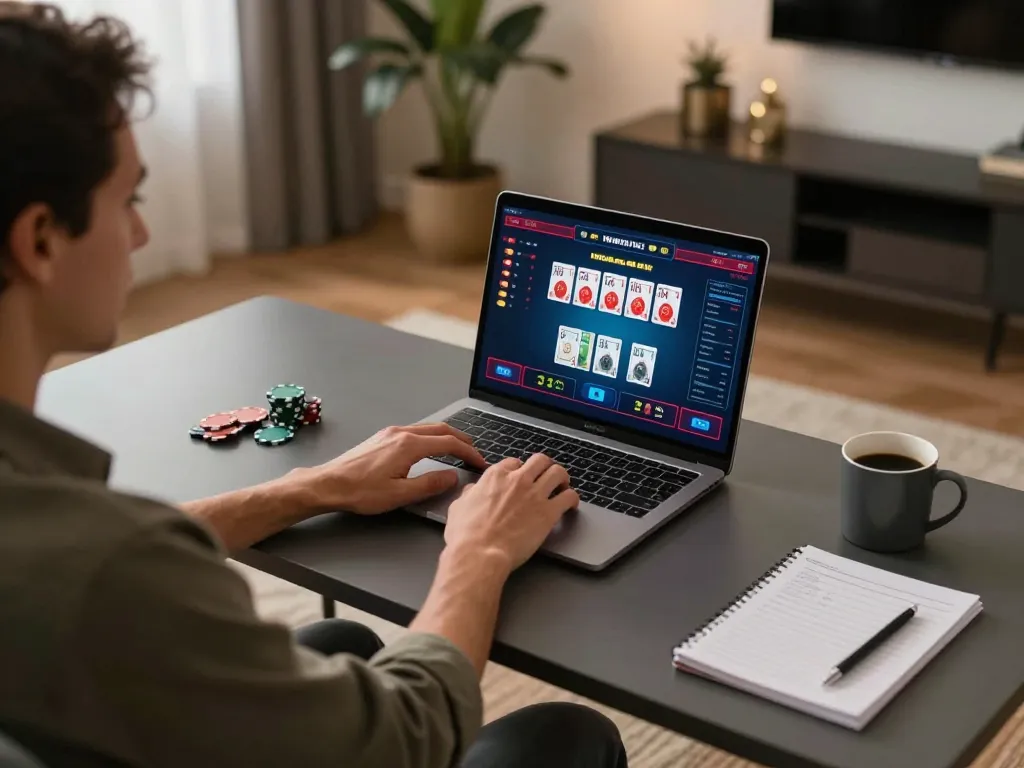 NK88 online gaming session with laptop showing poker game interface and strategy notes